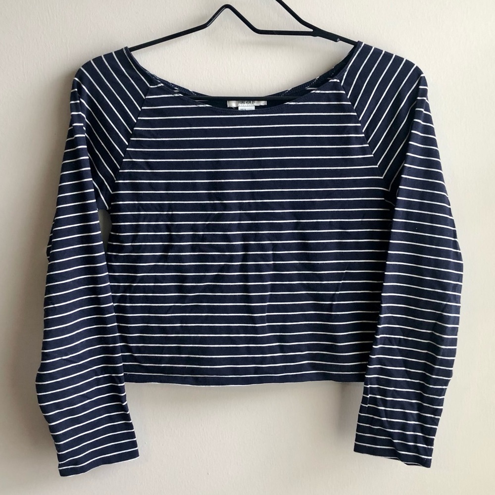 Forever 21 Dark Navy Striped Crop Long Sleeve Top